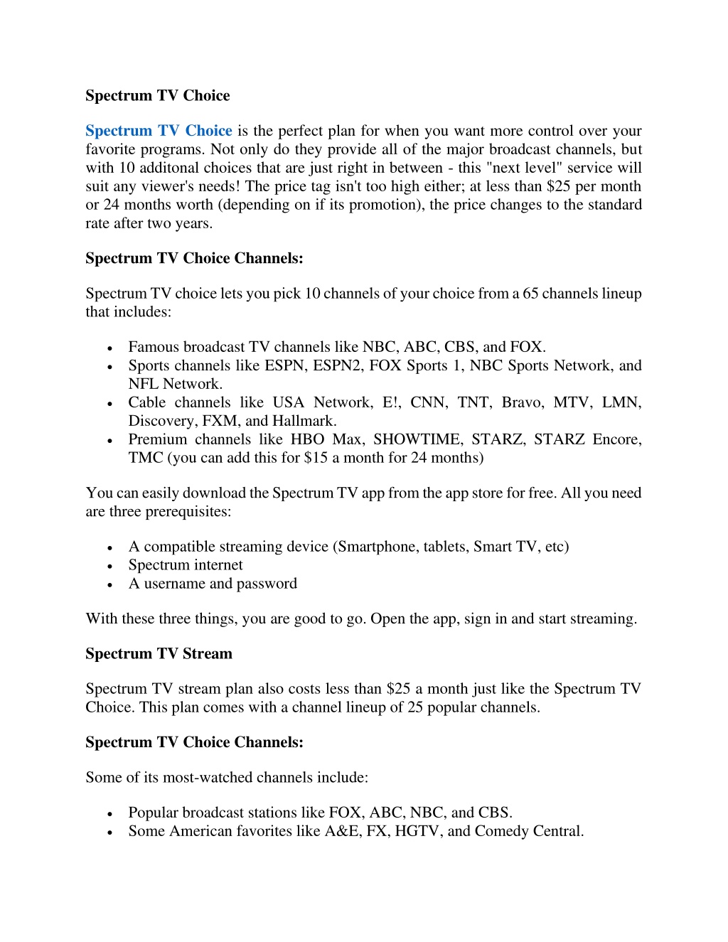 spectrum tv choice stream channels list