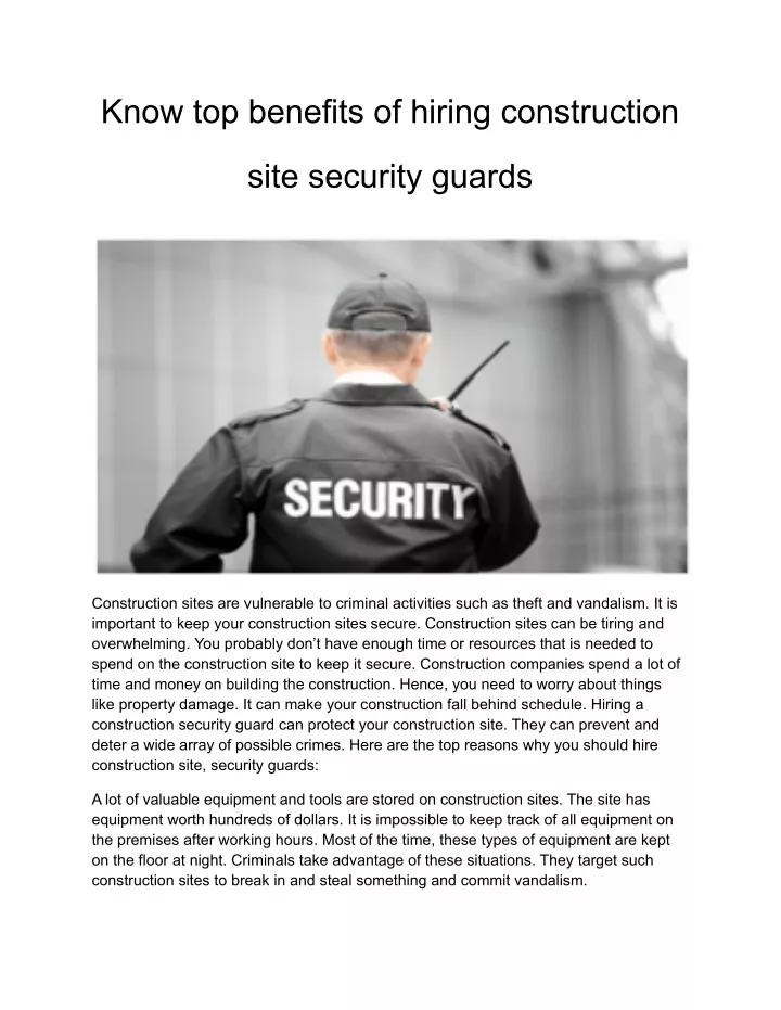 PPT - Know top benefits of hiring construction site security guards (1 ...