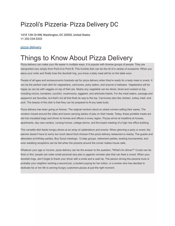 Ppt - Pizzoli's Pizzeria- Pizza Delivery Dc Powerpoint Presentation 