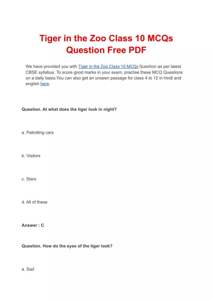 ppt-tiger-in-the-zoo-class-10-mcqs-question-free-pdf-powerpoint