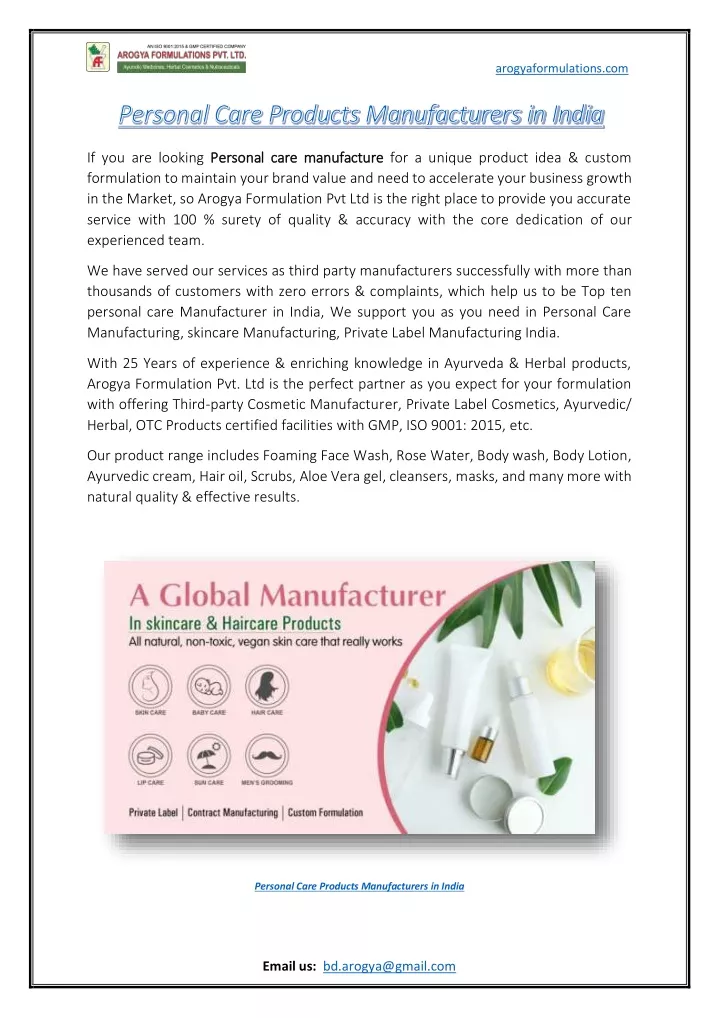 PPT Personal Care Products Manufacturers in India Arogya