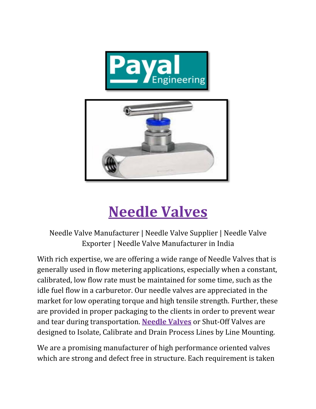 PPT Needle Valves Payal PowerPoint Presentation Free Download ID