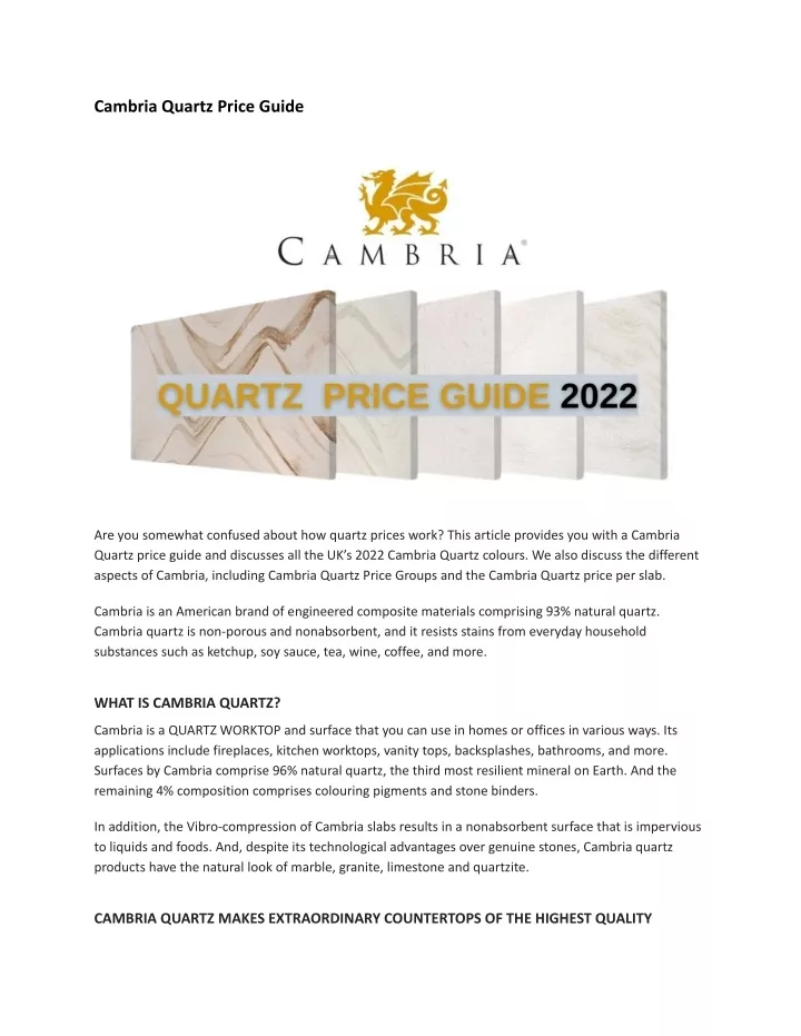 PPT Cambria Quartz Price Guide PowerPoint Presentation Free Download   Cambria Quartz Price Guide N 