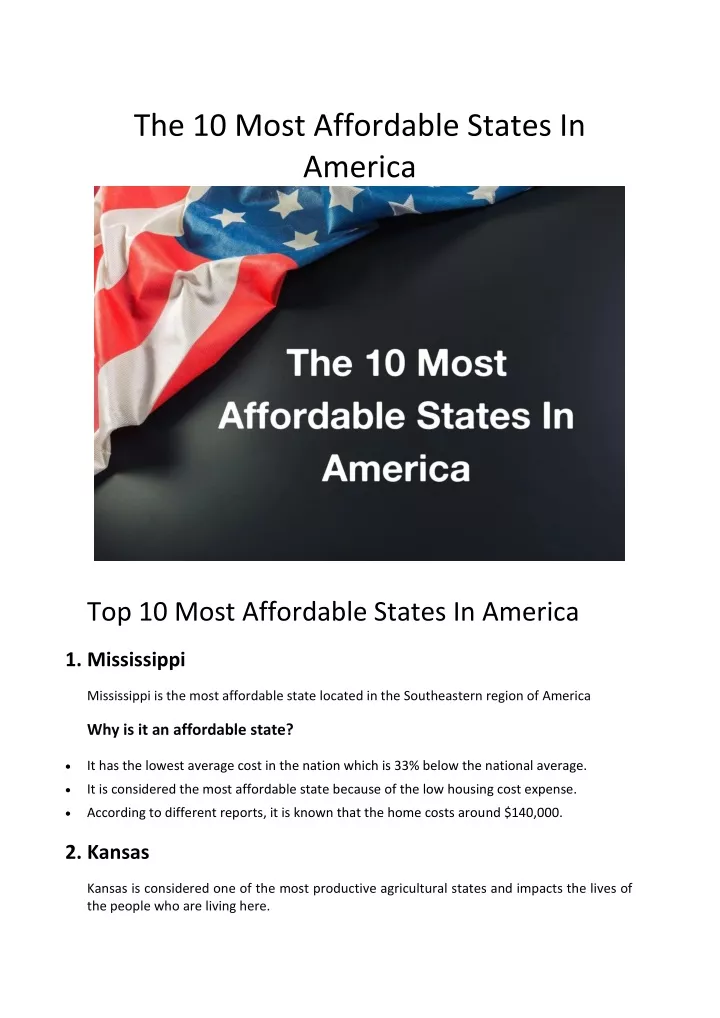 PPT The 10 Most Affordable States In America PowerPoint Presentation