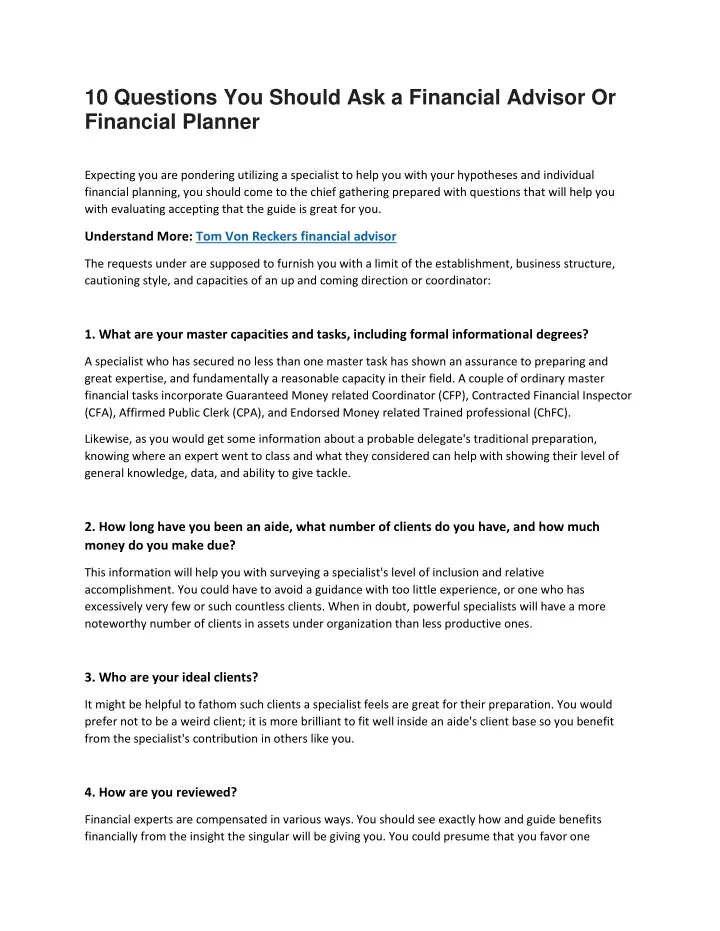 PPT - 10 Questions You Should Ask A Financial Advisor Or Financial ...