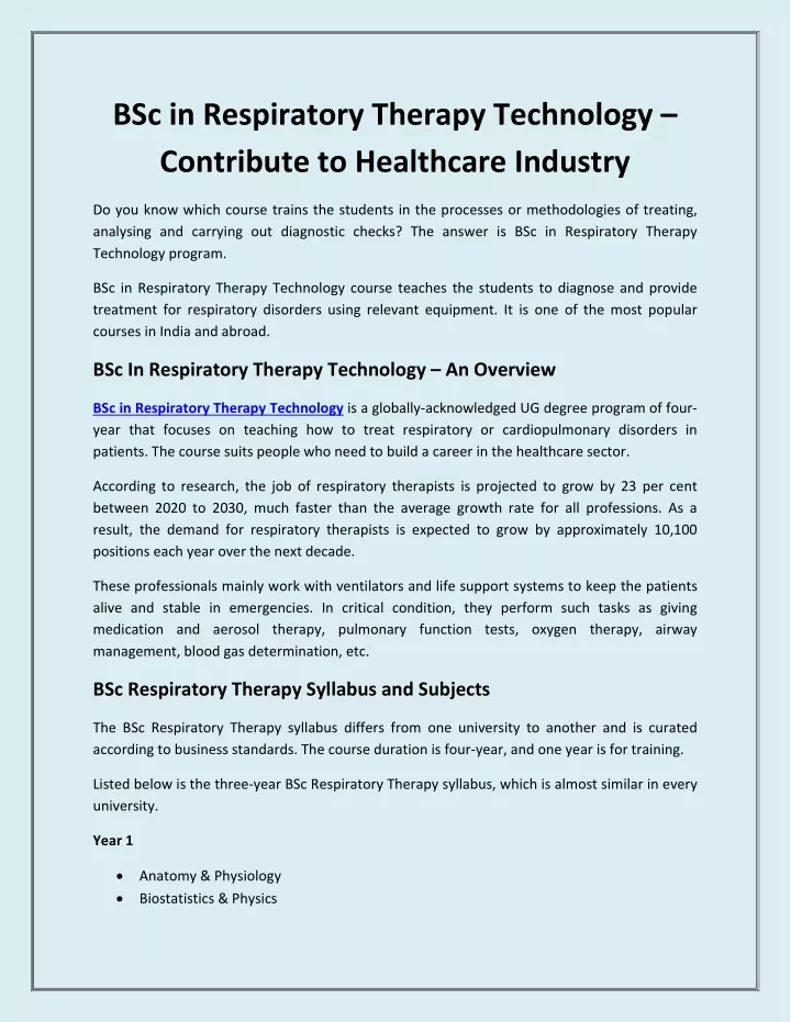 PPT BSc in Respiratory Therapy Technology Contribute to Healthcare