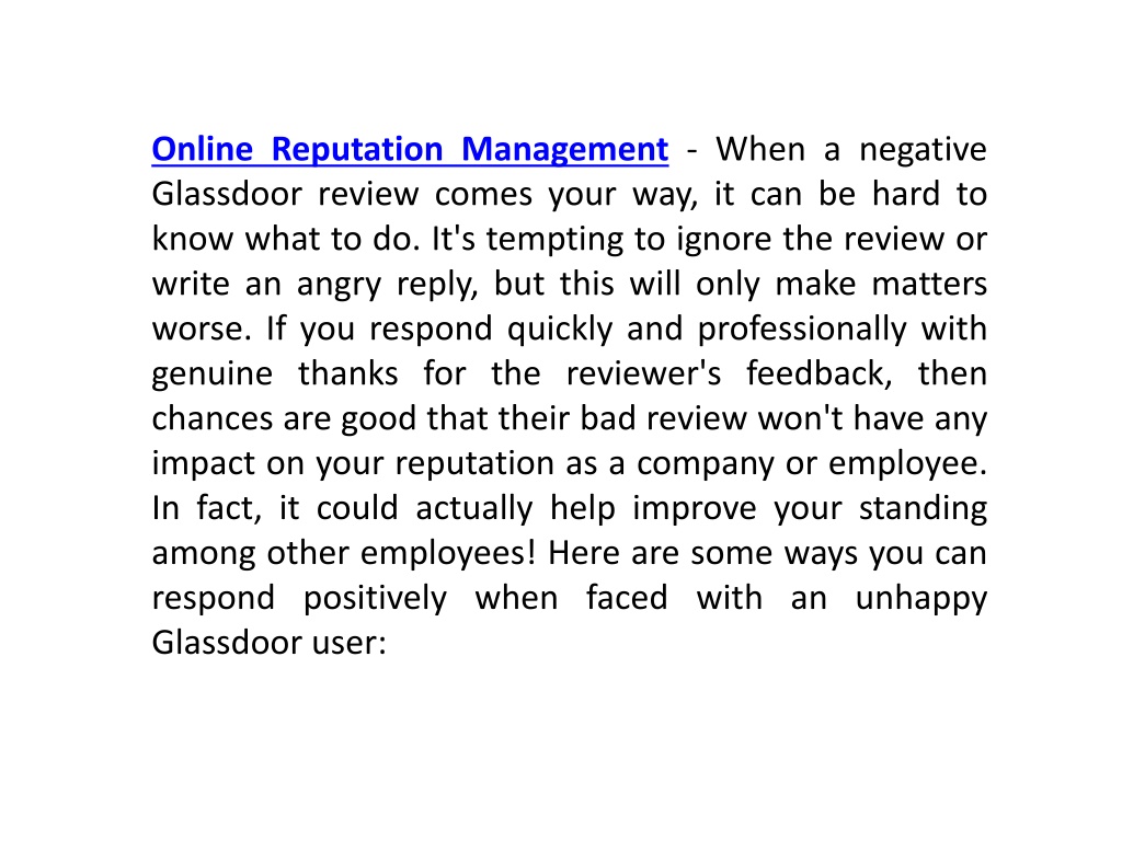 Ppt Online Reputation Manage 5 Ways To Respond Positively To A Negative Glassdoor Review