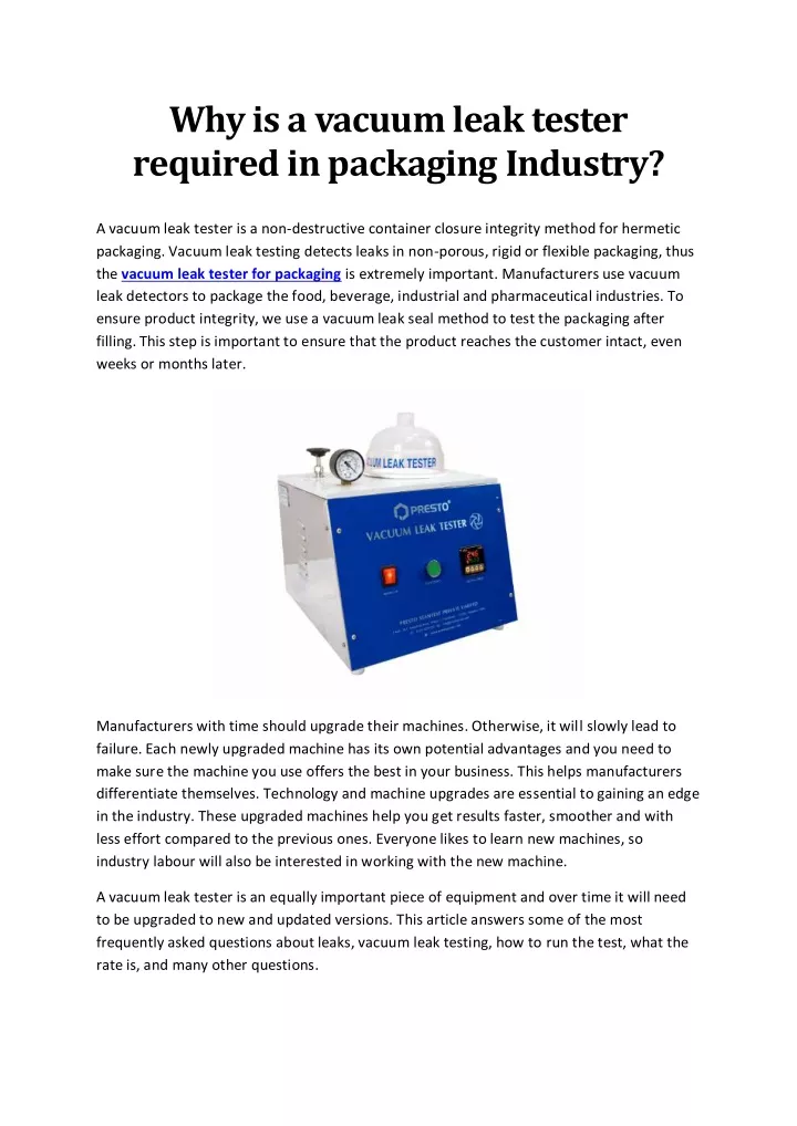 PPT Why is a vacuum leak tester required in packaging industry