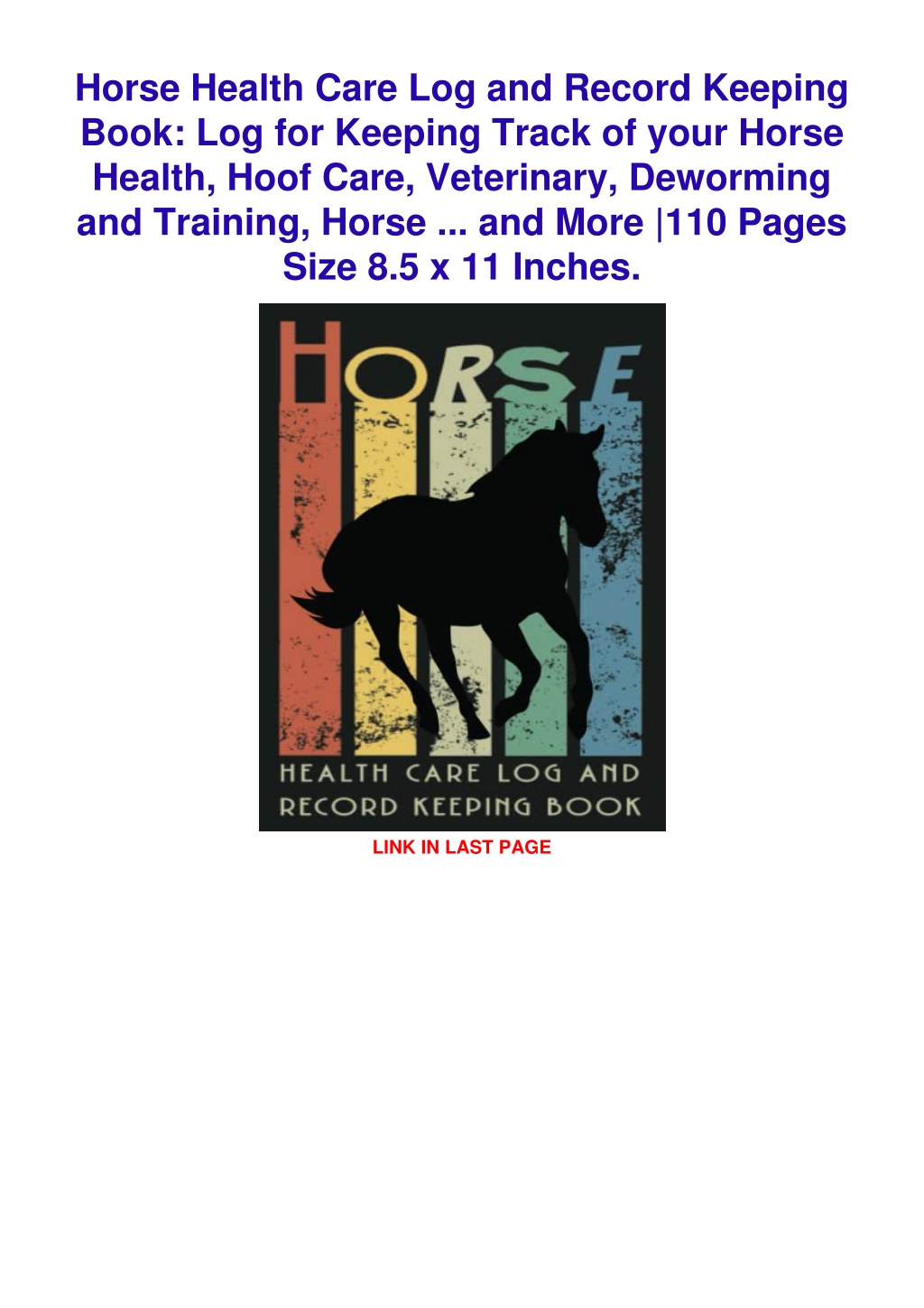 PPT PDF/READ/DOWNLOAD Horse Health Care Log and Record Keeping Book