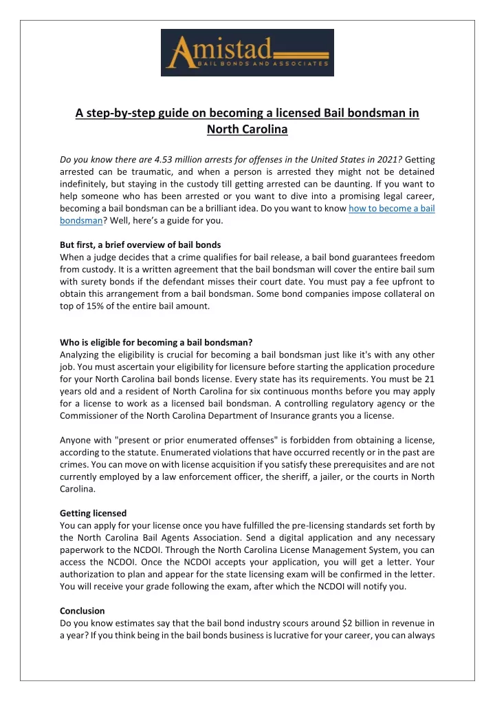 PPT Steps to a Bail Bondsman in North Carolina Amistad and