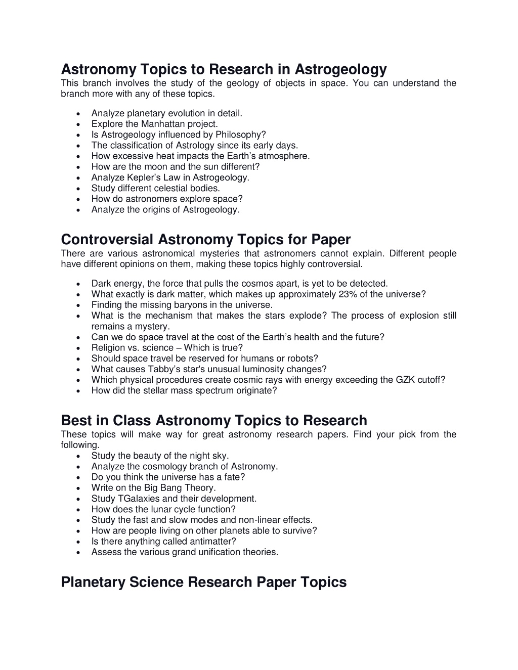 research paper topics for astronomy