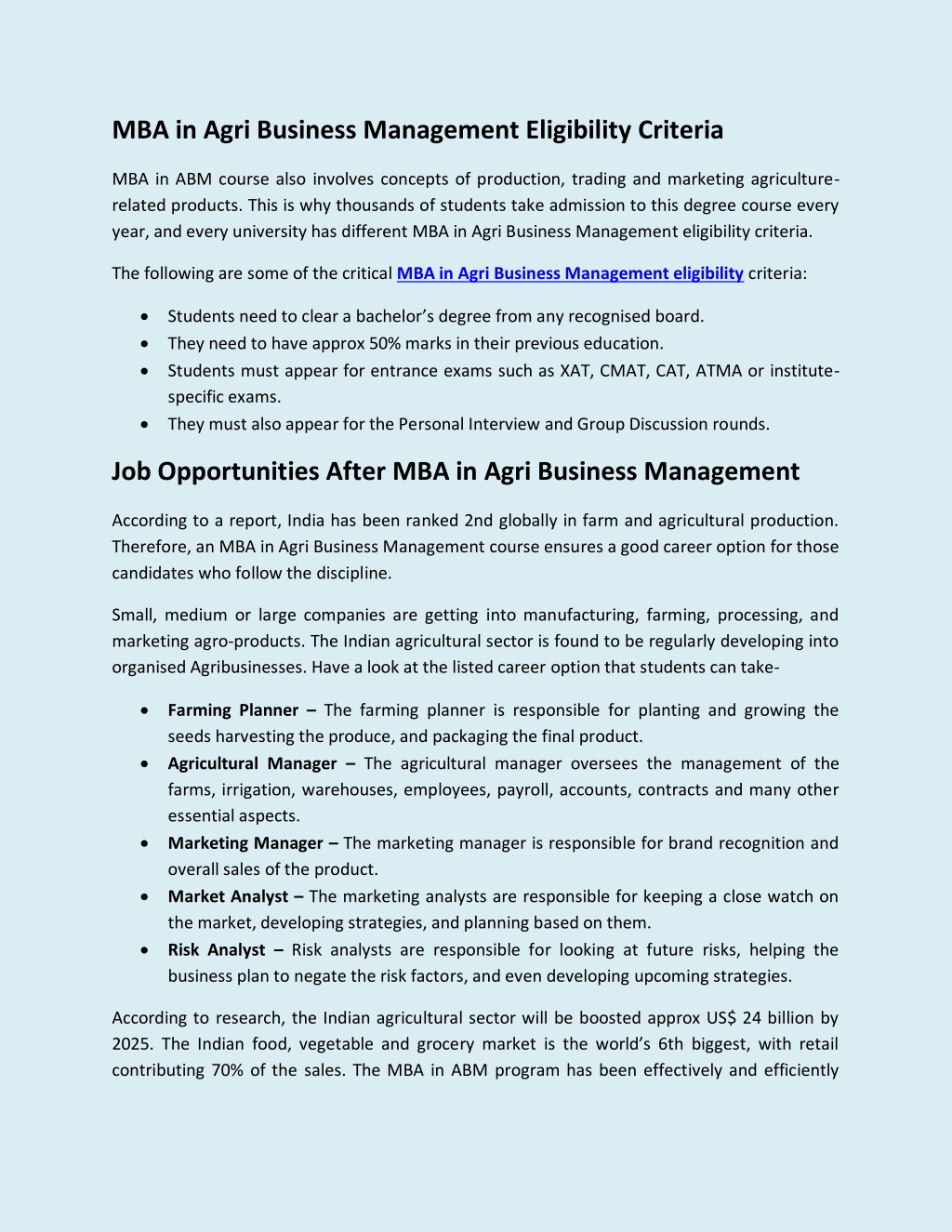 Mba In Agri Business Management Eligibility