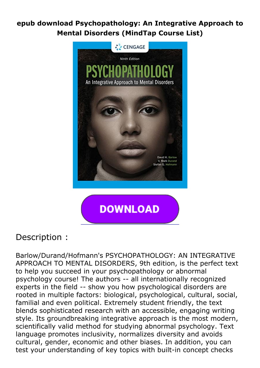 PPT - Epub Download Psychopathology: An Integrative Approach To Mental ...