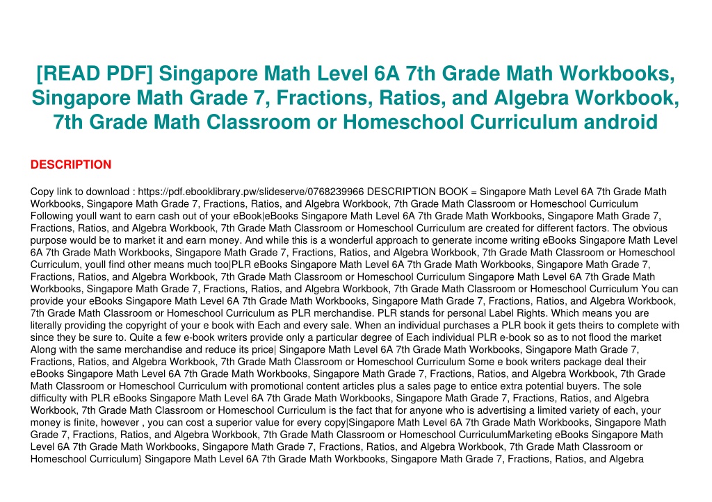 PPT - [READ PDF] Singapore Math Level 6A 7th Grade Math Workbooks