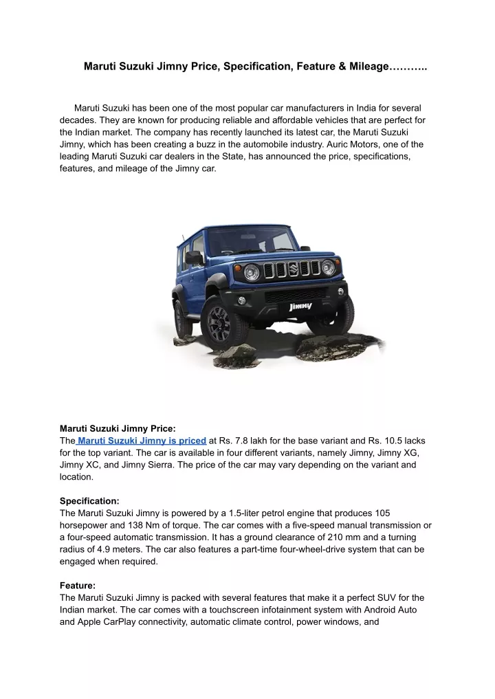 PPT - Maruti Suzuki Jimny Price, Specification, Feature & Mileage ...