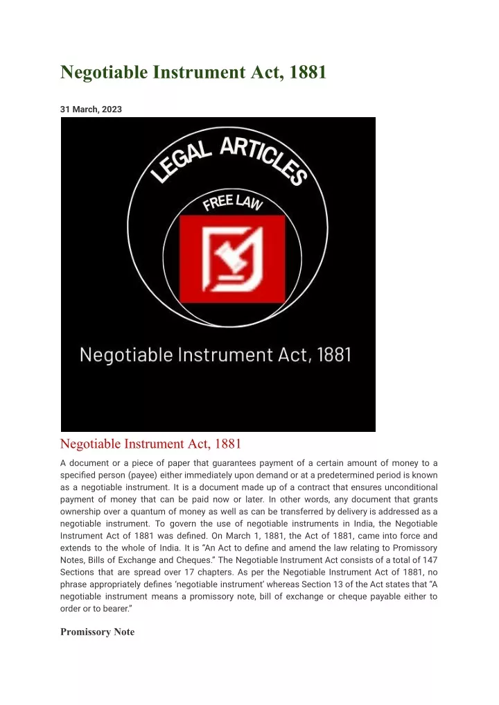 PPT - Negotiable Instrument Act, 1881 PowerPoint Presentation, Free ...