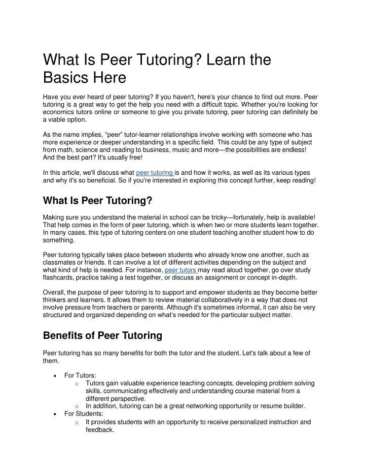 PPT What Is Peer Tutoring PowerPoint Presentation, free download ID