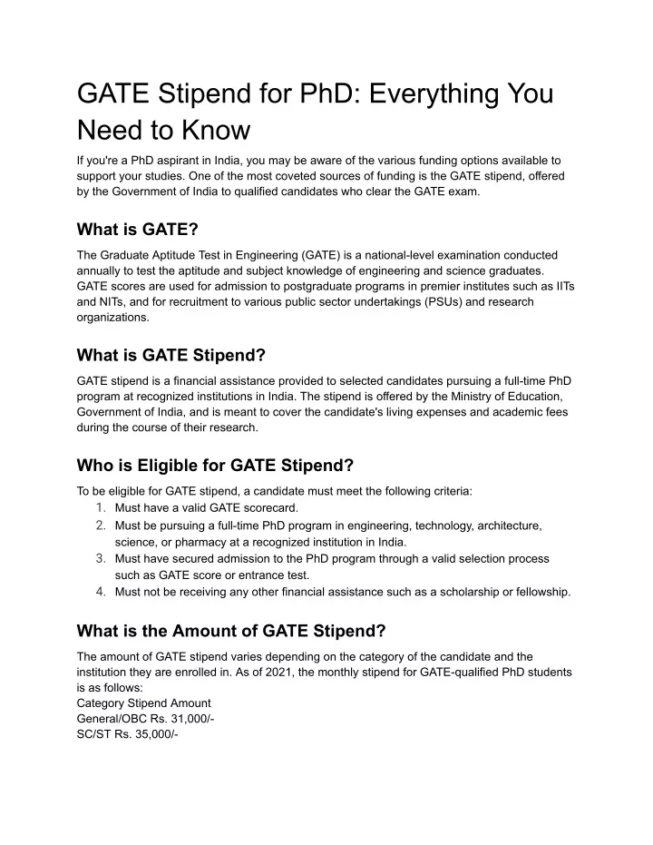 gate stipend rules for phd