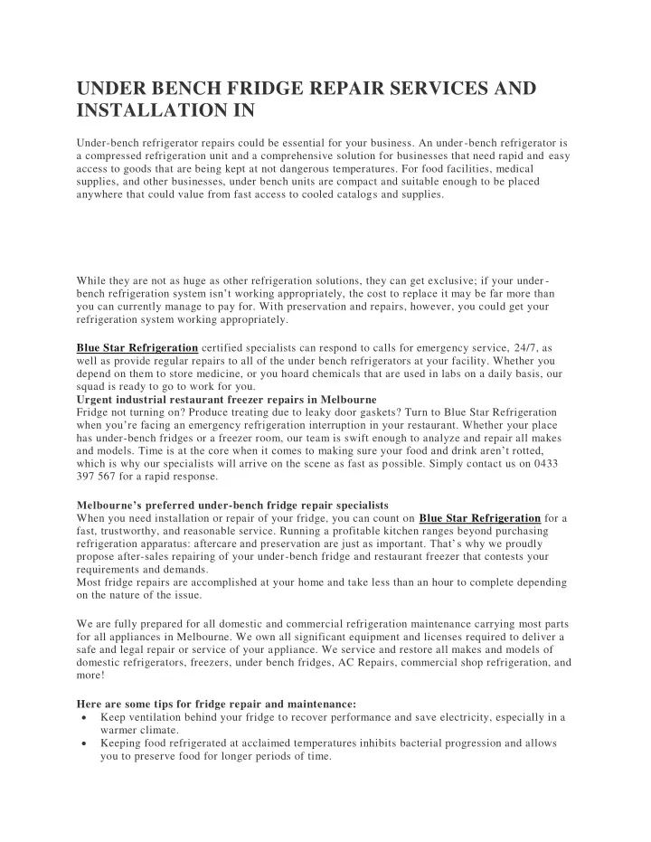 PPT UNDER BENCH FRIDGE REPAIR SERVICES AND INSTALLATION IN (1