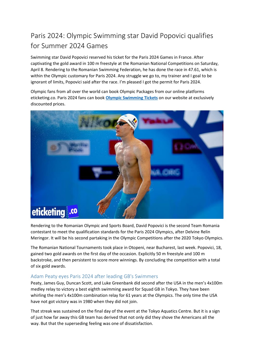 PPT Paris 2024 Olympic Swimming star David Popovici qualifies for