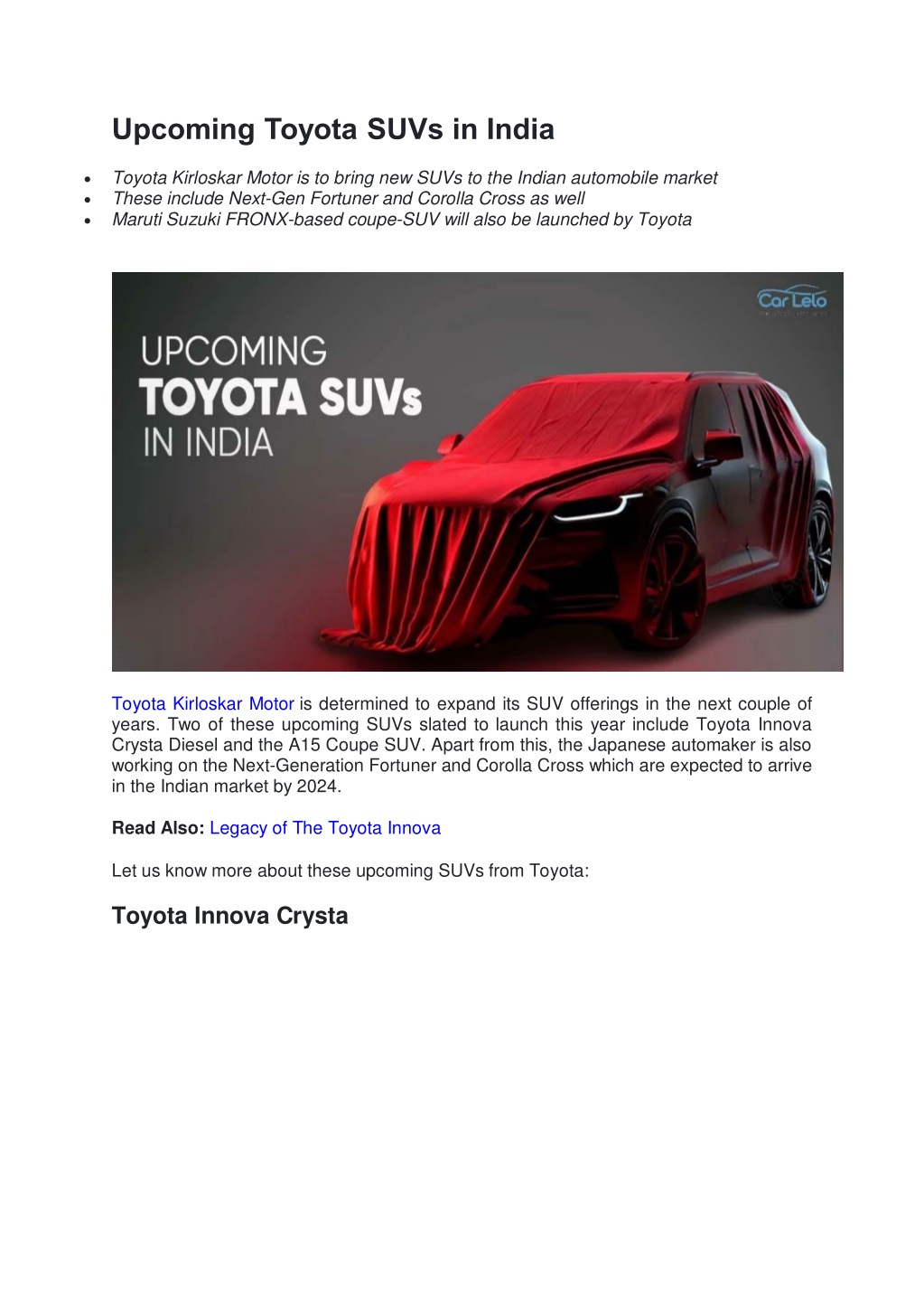 PPT Toyota SUVs in India PowerPoint Presentation, free