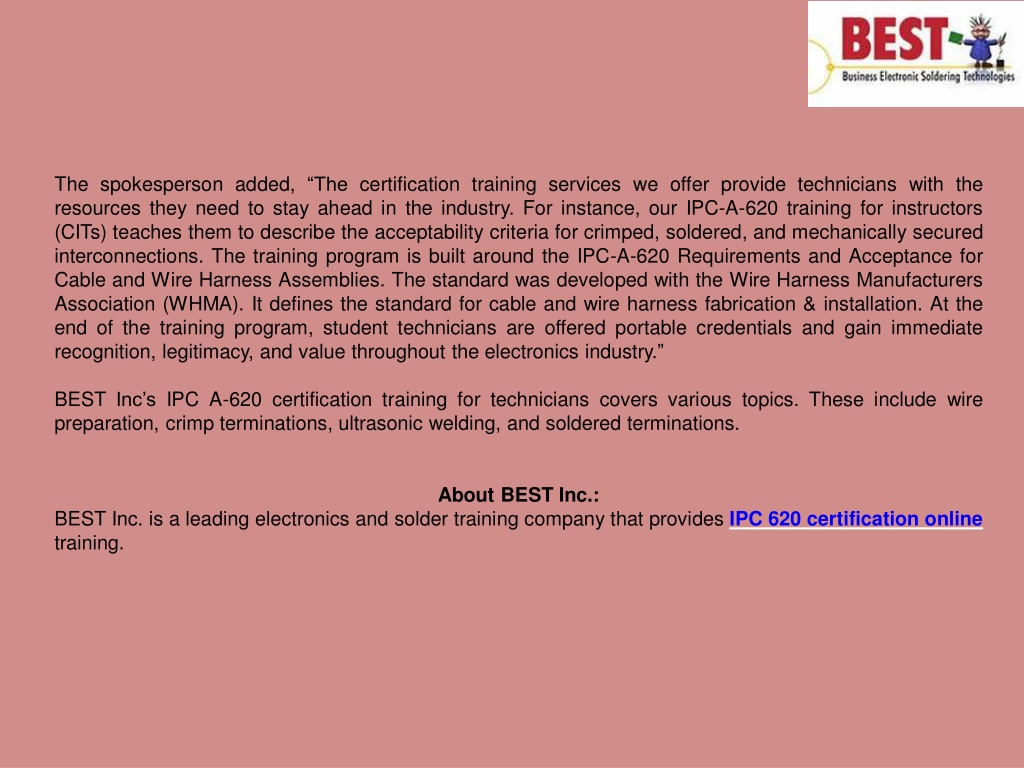 PPT - BEST Inc. Provides IPC 620 Certification Training Online ...